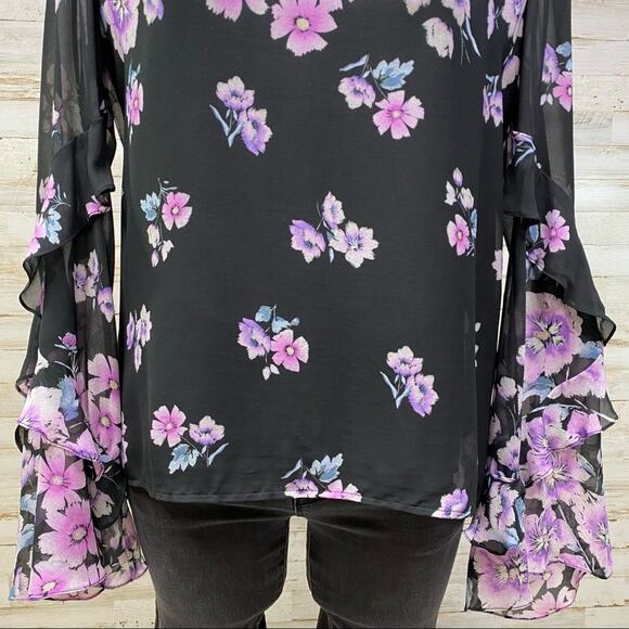 Nanette Lepore Zen Silk Floral Blouse Womens Size S Purple Black Bell Sleeve - Picture 4 of 16